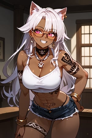 1girl, solo, cat girl, dark skin, house, leaning forward, malicious smile, white hair, long hair, straight hair, bangs, viking tattoo, pink eyes, abs, six pack, slim waist, inverted triangle hips, big trapeze, bone collar, big chest, big ass, big thigh, earring, necklace, bracelet, bicep bracelet, choker, glasses, piercing, Expressiveh, sexy short tank top, sexy mini shorts, sexy panty strap,