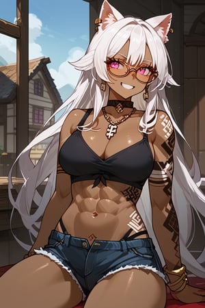 1girl, solo, cat girl, dark skin, house, ass, back, back view, sitting, malicious smile, white hair, long hair, straight hair, bangs, viking tattoo, pink eyes, abs, six pack, slim waist, inverted triangle hips, big trapeze, bone collar, big chest, big ass, big thigh, earring, necklace, bracelet, bicep bracelet, choker, glasses, piercing, Expressiveh, sexy short tank top, sexy mini shorts, sexy panty strap,