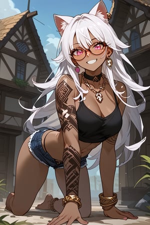 1girl, solo, cat girl, dark skin, house, on all fours, doggystyle, malicious smile, white hair, long hair, straight hair, bangs, viking tattoo, pink eyes, abs, six pack, slim waist, inverted triangle hips, big trapeze, bone collar, big chest, big ass, big thigh, earring, necklace, bracelet, bicep bracelet, choker, glasses, piercing, Expressiveh, sexy short tank top, sexy mini shorts, sexy panty strap,