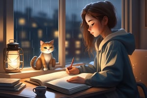 A cozy scene of a girl studying by the window on a rainy evening. The window is foggy with raindrops, and she has a cup of steaming tea beside her. Outside, the city lights glow softly, and there's a gentle cat sleeping on the windowsill..
