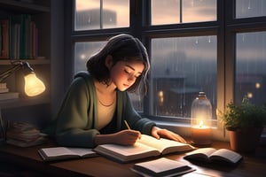 A cozy scene of a girl studying by the window on a rainy evening. The window is foggy with raindrops, and she has a cup of steaming tea beside her. Outside, the city lights glow softly, and there's a gentle cat sleeping on the windowsill..
