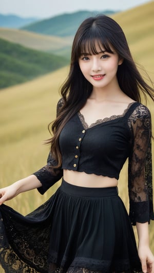 Capture (whole body: 1.2) a smiling girl, 20 years old, wearing a black lace skirt, on the Qingqing prairie, dark bright long hair, bangs, flowing hair, dark eyes, metal golden eye shadow, pale yellowish skin, fixed fingers, natural makeup, (masterpiece: 1.2), (lifelike, photo level: 1.1), original photos, high quality, high_resolution,16k, More details XL, more reasonable details