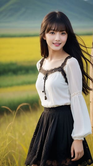 Capture (whole body: 1.2) a smiling girl, 20 years old, wearing a black lace skirt, on the Qingqing prairie, dark bright long hair, bangs, flowing hair, dark eyes, metal golden eye shadow, pale yellowish skin, fixed fingers, natural makeup, (masterpiece: 1.2), (lifelike, photo level: 1.1), original photos, high quality, high_resolution,16k, More details XL, more reasonable details