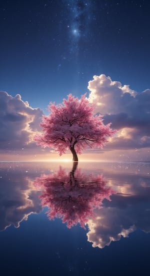 A wide angle visualization of a mystical scene of a sunset, showing a starry night filled with clouds, there is a reflection of a sakura tree in the sea in the center, illuminated by fireflies, an epic moment of quiet contemplation and understanding the meaning of your journey. highly detailed, uhd anime wallpaper, digital animation, epic, beautifully pictorial,