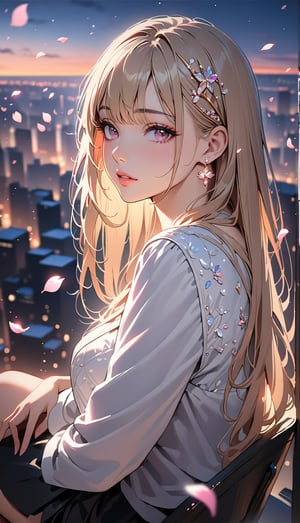 1girl, solo, ((sitting: 2.5)), long hair, looking at viewer, blush, bangs, hair ornament, jewelry, pink eyes, himecut, blonde straight hair, earrings, parted lips, blurry, lips, ((evening: 1.1)), eyelashes, portrait, light particles, ((masterpiece: 2.5)), excellent quality, light particles, city in background, ((stunning_image: 1.5)), ((sakura petals in air: 1)), full body shot.