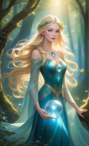 "In a realm of enchantment, a radiant elven woman stands amidst the ethereal beauty of a magical forest. Her porcelain skin seems to catch the very light that filters through the ancient trees, highlighting delicate features and a sense of timeless elegance. Clad in intricately woven garments that mirror the flora around her, she holds a staff crowned with a brilliant crystal, exuding an aura of mystic power. Her blonde hair cascades like liquid gold, framing a face adorned with a subtle touch of makeup that enhances her natural allure. Her eyes, a captivating shade of glowing blue, hold a depth of wisdom and curiosity, while her lips are poised in a gentle, enchanting smile that seems to invite the wonders of the forest to share in her presence." Full body, Harem outfit, using water magic, water ball magic, sparkle water ball