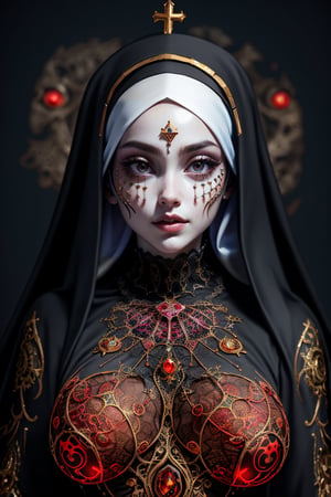 (It depicts a nun with a demonic pale face. This image combines elements of cyborg and steampunk styles, showing a fusion of futuristic and Victorian aesthetics. Her nun's face is adorned with intricate patterns of fantastic folk geometry and rendered in glowing translucent ghostly glass. The colors used in her work are primarily orange and red, with additions of black and gold. Her nun lips are painted in a striking red shade and are very noticeable. Her overall image is reminiscent of Gustav Klimt's paintings. Crafted with vibrant colors and attention to detail. The nun is seen wearing an intricate layered lace halter top), Detailed Textures, high quality, high resolution, high Accuracy, realism, color correction, Proper lighting settings, harmonious composition, Behance works,Butcha,photorealistic,g0thsh33rb0dysu1t,MECHA, bare upper chest