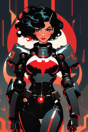 (by Loish, Leyendecker, james gilleard), A full body shot of a young goth woman, short black curly hair, slightly smiling, one raised eyebrow, lips parted, amused smile, wearing a black metal cyborg suit glowing red, Medium breast, toned,red lips, dark eye makeup, dark future battlefield background, ,heavy_jacket,Fire Angel Mecha,Cinematic , ct-eujiiin,heavy_jacket,Fire Angel Mecha, ct-goeuun