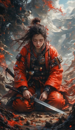 Niji-style anime illustration , inspired by the action-packed Kaisen anime,A female Samurai clad in red Samurai attire kneeling and looking down to the ground,with a katana sword and lay on the ground infront of her,she look sad suggesting she is fail on some mission   . ,NijiXmiya,Midjourney_Whisper,red samurai