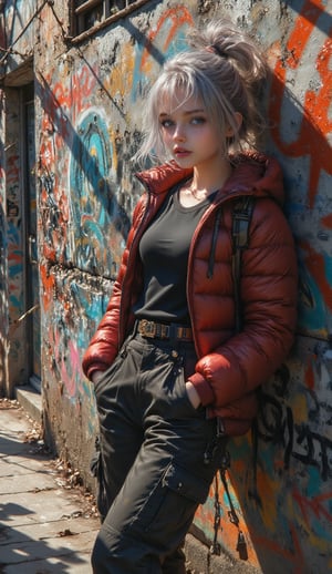 Niji-style anime illustration , inspired by high-energy scene, action-packed realistic anime style : A girl in a 3/4 quarter pose, leaning against a graffiti-filled wall. She has silver hair in a messy bun style, expressive eyes, and a radiant smile. The girl is dressed in a tight black t-shirt beneath a maroon down  jacket, and loose black low-waist cargo pants, revealing a hint of her upper thigh against the wall. The image is impeccably lit, with expertly rendered shadows, and the overall atmosphere exudes a sense of urban street style., anime    NijiXmiya,Midjourney_Whisper