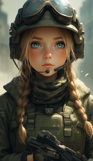 
A hyper-realistic digital painting depicts a young female soldier in a close-up, frontal view, focusing on her upper body and face. The angle is slightly upward, enhancing her strong and commanding presence. Her long, blonde hair is styled into two thick braids, slightly tousled, adding to her rugged, combat-ready look. Her vivid blue eyes, a focal point of the composition, are brilliantly illuminated by natural outdoor lighting, casting soft shadows across her lifelike facial features. She wears modern military gear, including a camouflage-patterned scarf, a tactical vest, and high-tech fingerless gloves. A camouflaged helmet with a tactical headset and goggles rests on her head, blending seamlessly into the earthy, muted color palette of olive greens, blacks, and grays. The contrast between the neutral tones of her attire and the intense vibrancy of her eyes creates a powerful, dynamic visual impact