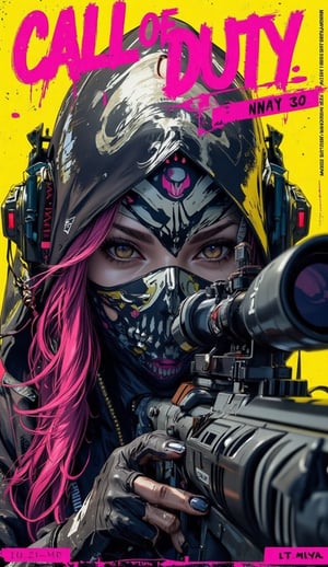 A comic cover with pink tittle text "CALL OF DUTY" written in vibrant pink grunge brush font depicting anime style extreme close up, 3/4 quarter profile, Malay woman wearing a tattered hood with intricate skull-patterned mask covering her mouth and nose stares intensely into the distance, gripping aiming a target with a sniper rifle.Brown eyes, Long, ethereal pink hair cascades from beneath the hood, contrasting with the dark, muted tones of the clothing ,on the bottom is a red text "LT MIYA" , flat yellow background.,MYtypography,typography,art and style,Young woman