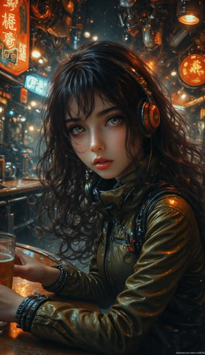 Niji-style anime illustration , inspired by the action-packed Kaisen anime,  A cinematic close-up of a woman in a smokey cyberpunk bar, captured from a side profile. Her long, dark hair cascades down her back, and her shiny brown eyes glisten as she gazes subtly toward the viewer. The close-up highlights her intense, thoughtful expression. She wears an olive green high-collar jacket, adding a sleek and mysterious touch, and a headset rests over her head. She sits at a futuristic bar table, her hand softly gripping a glass of beer .The neon lights of the dim, metallic bar reflect off her jacket, while a gritty film grain effect enhances the atmosphere, giving the scene a raw, immersive quality . ,NijiXmiya,Midjourney_Whisper