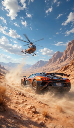 Niji-style anime illustration  : perspective low angle,capture frim ground level photograph,a sport car speeding on a dusty desert ,chest by a helicopter in the background,bright day light with clear blue sky with partly cloud,high key lighting,photorealistic.,NijiXmiya,Midjourney_Whisper