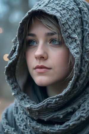 A macro close-up shot of a woman wrapped in a tattered, weathered grey winter cloak. She gazes slightly to the right, her piercing, detailed blue eyes shining with intensity as they reflect the light. Strands of silver hair cascade from beneath the hood, gently framing her face, adding a touch of ethereal beauty. The background features a soft, dreamy atmosphere with floating orbs of white and orange bokeh, creating a sense of warmth and mystery against the cold, rugged texture of her cloak.Young woman