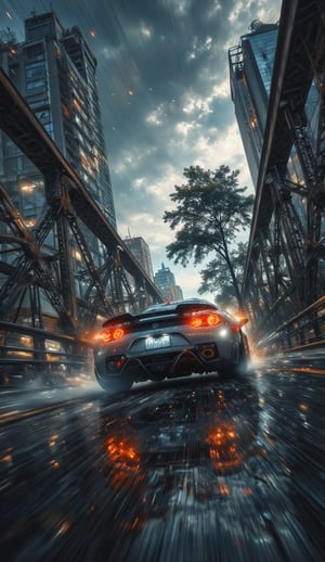 Niji-style anime illustration  : perspective low angle,capture from ground level ,close-up ,3/4 profile,capture from behinf photograph,a sport car speeding on a metal bridge, with a tree on the other end,rainy day,dark overcast cloud ,urban city settin.,NijiXmiya,Midjourney_Whisper