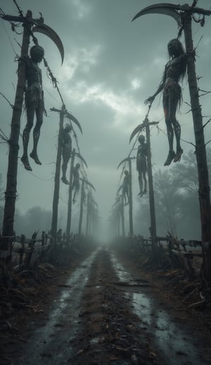 In the midst of a dark, eerie fog, a desolate dirt road stretches out like a grim reaper's scythe. Impaled corpses, their bodies contorted in macabre poses, stand tall on weathered wooden poles, as if frozen in perpetual torment. The overcast sky casts a sickly greyish hue, while low-key lighting accentuates the dark fantasy atmosphere. In the distance, the faintest hint of mist-shrouded trees seems to whisper ominous tales, as the scene is bathed in an otherworldly, octane-rendered glow.,NijiXmiya,Midjourney_Whisper