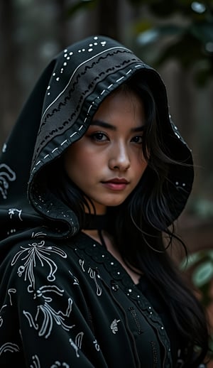 A close-up, half-body shot of a woman with a serious, intense expression. She is wearing a black hooded robe inspired by the Grim Reaper, the fabric adorned with intricate, ornate patterns that shimmer subtly. The hood casts deep shadows over her face, leaving her features partially obscured but with sharp, piercing eyes gazing directly at the viewer. A faint rim light outlines her silhouette, highlighting the edges of her robe and adding an ethereal glow. The background is a dark, moody environment, with minimal lighting in a low-key setup to emphasize the dramatic, cinematic feel. The overall atmosphere is heavy and foreboding, with a strong dark cinematic vibe, captured in an octane render for high detail and realism