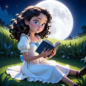 Black and white, A beautiful 11 year old girl, English traditional dress, black curly blond, bright shiny skin, blue eyes, Lilly's silhouette was illuminated by the soft glow of the moon as she sat in the grass, lost in a book that transported her to worlds beyond her imaginations, Disney Pixar style, 