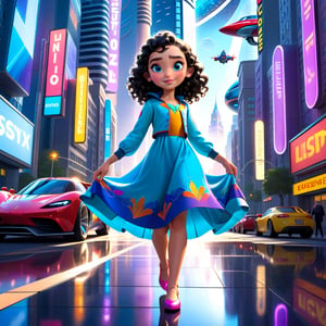 A beautiful 11 year old girl, English traditional dress, black curly blond, bright shiny skin, blue eyes, As Lilly walked through the futuristic city, towering buildings reflected the brilliant lights of a thousand colors, capturing her awe and excitement at the new world around her, air cars, Disney Pixar style, 