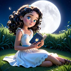 Black and white image, A beautiful 11 year old girl, English traditional dress, black curly blond, bright shiny skin, blue eyes, Lilly's silhouette was illuminated by the soft glow of the moon as she sat in the grass, lost in a book that transported her to worlds beyond her imaginations, Disney Pixar style, 