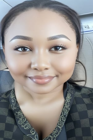 ultra realistic pretty black female flight attendant with a sexy shape and tight uniform on a detailed airplane to paris,pretty teethy smile