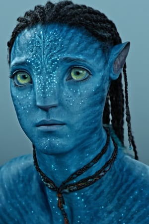 Ryan Gosling as A Na’vi, Avatar, white blank background, pale lighting, concept art, low saturation, alien, jewlrey, portrait, lots of details, pale yellow eyes, blue skin, 4k, 8k, freckles, close up, AVATAR-OME,