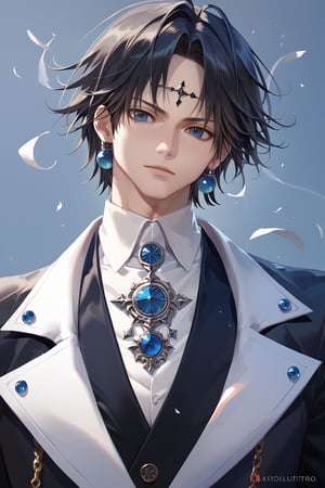 Score_9,score_8_up,score_7_up,Highly detailed, masterpiece, high quality, beautiful, high resolution, good details,1boy,solo,male focus,hxh,chrollo lucifer,black hair,blue eyes, blue earrings, zix