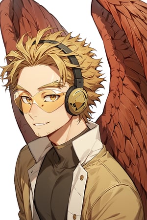 Score_9,score_8_up,score_7_up,Highly detailed, masterpiece, high quality, beautiful, high resolution, good details,1boy,solo,male focus,mha,hawks,blond hair,medium hair,tinted eyewear,headphones,red wings, light smile, view from above