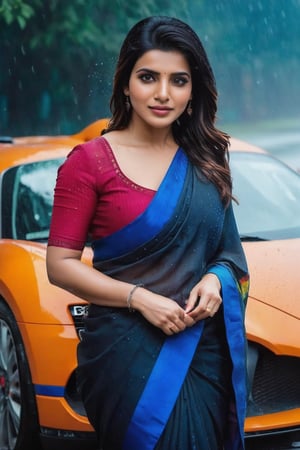 Samantha Ruth Prabhu in rain in front of with Bugatti car 🚗 Cute Beautiful Saree Traditional Queen Aesthetic Realistic Fantasy AI Samantha Ruth Prabhu Instagram model, long black_hair, colorful hair, warm, dacing,  indian,Young beauty spirit,shoot.  full photo, full length,  
, top to bottom,
,Future girl,Samantha Ruth Prabhu,18+,SamanthaRuthPrabhu