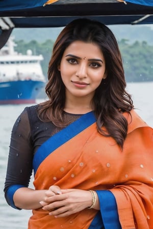 Samantha Ruth Prabhu in rain in front of with Bugatti yatch ship 🚢 ⛵ ⚓ Cute Beautiful Saree Traditional Queen Aesthetic Realistic Fantasy AI Samantha Ruth Prabhu Instagram model, long black_hair, colorful hair, warm, dacing,  indian,Young beauty spirit,shoot.  full photo, full length,  
, top to bottom,
,Future girl,Samantha Ruth Prabhu,18+,SamanthaRuthPrabhu