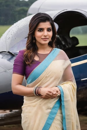 Samantha Ruth Prabhu in rain in front of with Bugatti  aeroplane ✈️ 🛫  Cute Beautiful Saree Traditional Queen Aesthetic Realistic Fantasy AI Samantha Ruth Prabhu Instagram model, long black_hair, colorful hair, warm, dacing,  indian,Young beauty spirit,shoot.  full photo, full length,  
, top to bottom,
,Future girl,Samantha Ruth Prabhu,18+,SamanthaRuthPrabhu