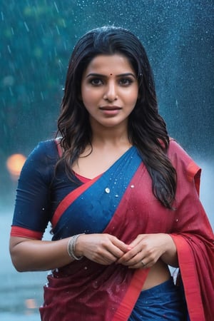 Wet saree in rain in blue 🔵 Red light 🚨🕯️Cute Beautiful Saree Traditional Queen Aesthetic Realistic Fantasy AI Samantha Ruth Prabhu Instagram model, long black_hair, colorful hair, warm, dacing,  indian,Young beauty spirit,shoot.  full photo, full length,  
, top to bottom,
,Future girl,Samantha Ruth Prabhu,18+,SamanthaRuthPrabhu