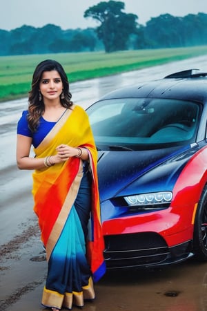 Samantha Ruth Prabhu in rain in front of with Bugatti  aeroplane ✈️ 🛫  Cute Beautiful Saree Traditional Queen Aesthetic Realistic Fantasy AI Samantha Ruth Prabhu Instagram model, long black_hair, colorful hair, warm, dacing,  indian,Young beauty spirit,shoot.  full photo, full length,  
, top to bottom,
,Future girl,Samantha Ruth Prabhu,18+,SamanthaRuthPrabhu