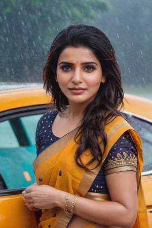 Samantha Ruth Prabhu in rain in front of with Bugatti car 🚗 🚨 aeroplane ✈️ 🛫 Yatch 🚢 Cute Beautiful Saree Traditional Queen Aesthetic Realistic Fantasy AI Samantha Ruth Prabhu Instagram model, long black_hair, colorful hair, warm, dacing,  indian,Young beauty spirit,shoot.  full photo, full length,  
, top to bottom,
,Future girl,Samantha Ruth Prabhu,18+,SamanthaRuthPrabhu