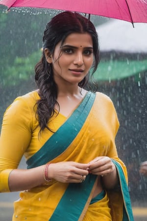 Wet saree in rain in market Cute Beautiful Saree Traditional Queen Aesthetic Realistic Fantasy AI Samantha Ruth Prabhu Instagram model, long black_hair, colorful hair, warm, dacing,  indian,Young beauty spirit,shoot.  full photo, full length,  
, top to bottom,
,Future girl,Samantha Ruth Prabhu,18+,SamanthaRuthPrabhu