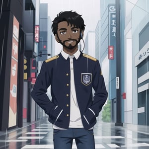 dark_skin_male, solo, only_one_character, with_beard, black_hair, white_polo_uniform, headphone, hands_in_pockets, denim_pants, slight_smile, facing_the_viewer, looking_at_viewer, raining, background is in tokyo city, beautiful composition, (masterpiece, sharp focus)