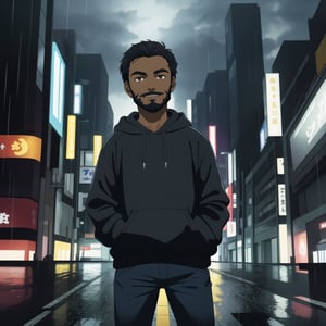 dark_skin_male, solo, only_one_character, with_beard, black_hair, black_hoodie, hands_in_pockets, denim_pants, slight_smile, facing_the_viewer, looking_at_viewer, raining, background is in tokyo city, beautiful composition, (masterpiece, sharp focus, cinematic lighting)