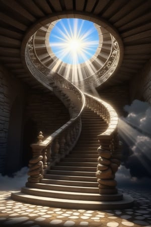 stone spiral staircase to heaven. with clouds. Sunbeams. religious elements.