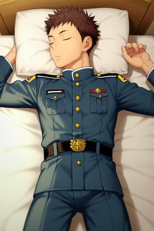 1boy, solo, male_focus, asleep, on_bed, uniform