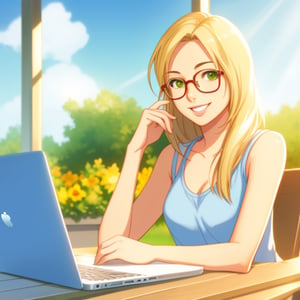 A happy, sexy woman freelance writer with long blonde hair, hazel green eyes, and round-framed glasses, sits at her laptop on a sunny day, her expression one of focused creativity and joy.