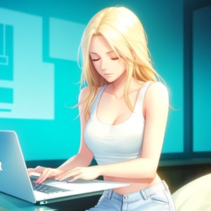 A radiant, unhappy, and sexy woman freelance writer with long blonde hair, hazel green eyes, she is counting to 10, , looking down at her laptop, upset, disappointed.  jeans, white tank top