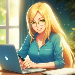 A radiant, happy, and sexy woman freelance writer with long blonde hair, hazel green eyes, and round-framed glasses, sits at her laptop, slight smile, confident, she is enclosed in a bubble and surrounded by money