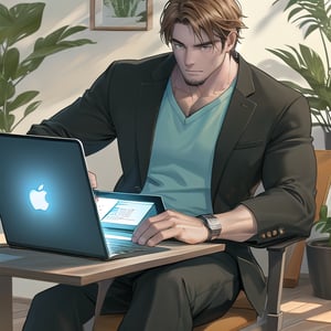 1man,masterpiece,best quality,detailed background,solo,muscular male,stubble,sitting at laptop,full body,sitting,separated legs,cozy,plant in picture