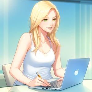 A radiant, happy, and sexy woman freelance writer with long blonde hair, hazel green eyes, she is counting to 10, , looking down at her laptop, upset, disappointed.  jeans, white tank top