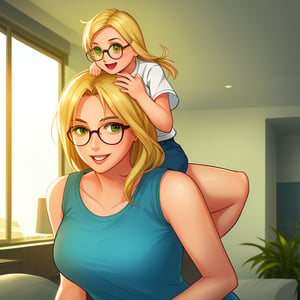 A full-body shot of a happy, sexy woman freelance writer with long blonde hair, hazel green eyes, and round-framed glasses, giving her child a piggy back ride, her face beaming with joy and affection, in a modern house setting.
