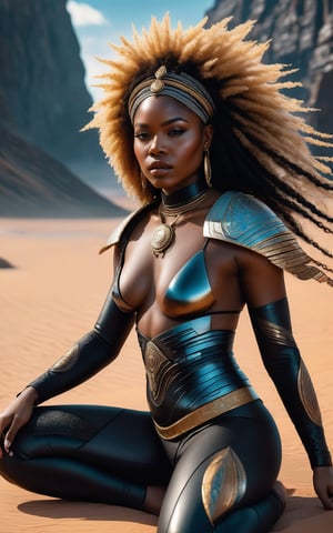 (best quality,8K,highres,masterpiece), ultra-detailed, (medium shot of the most beautiful African girl of the universe), a stunning African girl with wild aesthetic. Her skin has a black coal texture surface, adding to her natural beauty and uniqueness. she is sitting in front of her laptop, The medium shot captures her striking features and powerful presence, showcasing her as the epitome of beauty and strength. Feel free to add your own creative touches to enhance the tribal and futuristic elements, as well as the overall beauty of this captivating portrayal.