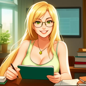 A radiant, happy, and sexy woman freelance writer with long blonde hair, hazel green eyes, and round-framed glasses, sits at a desk using tools like computer books and other tools. 