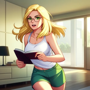A dynamic, sexy woman freelance writer with long blonde hair, hazel green eyes, and round-framed glasses, runs energetically with a notepad in hand, her expression focused yet joyful, in a modern house setting.