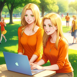 2 women,  A happy, sexy woman freelance writer with long blonde hair, hazel green eyes, , sits at her laptop on a sunny day, her expression one of focused creativity and joy. the women are talking in a park. children are playing, women are happy, 1yellow tanktop, 1orange shirt
